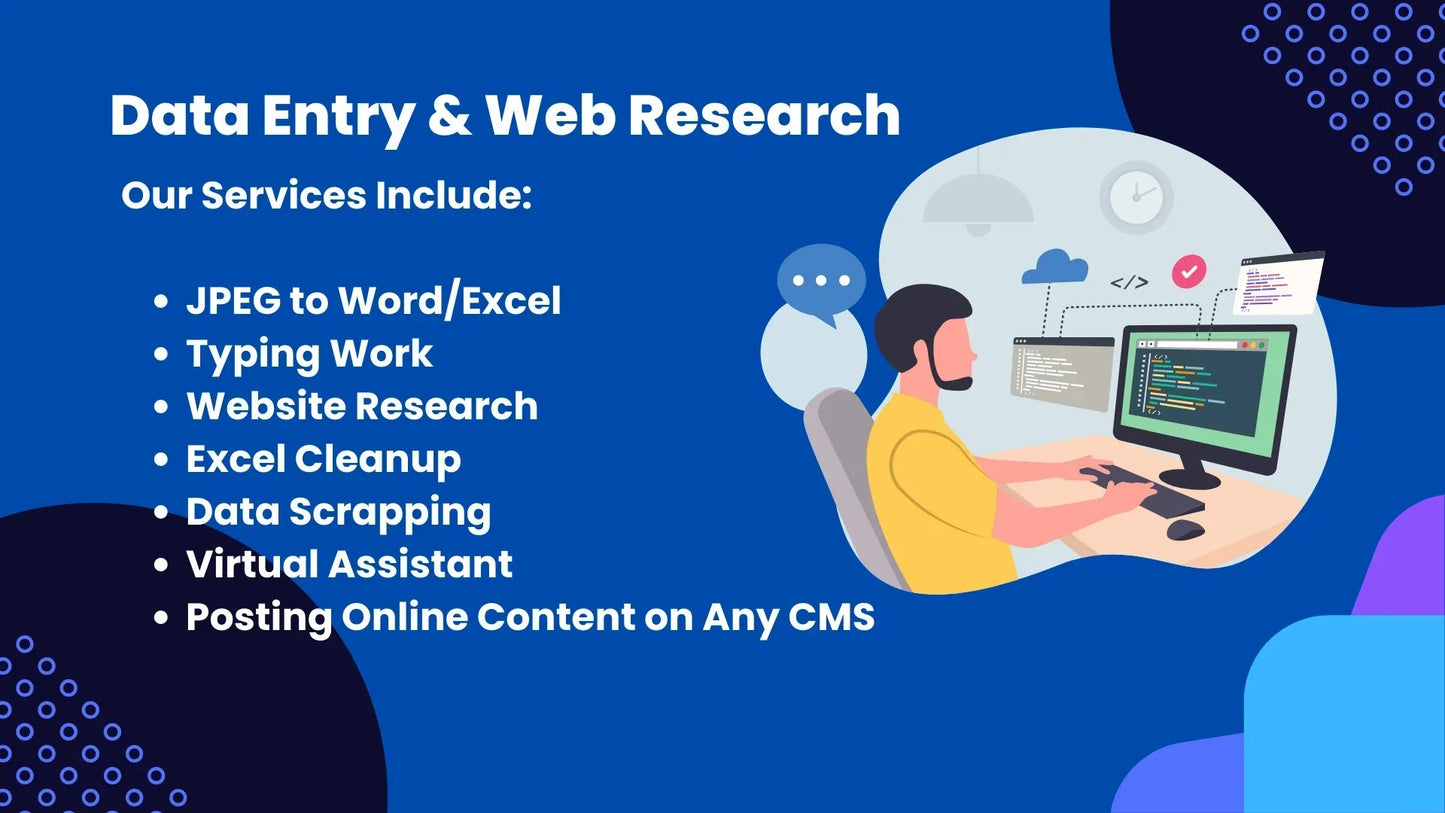 I will do any type of data entry and website research work-10 hours of work